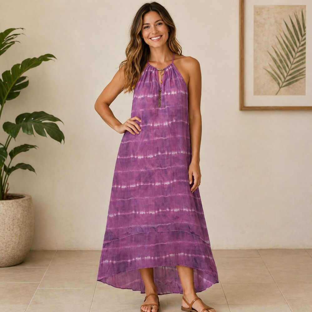 Mlle Gabrielle Purple/Pink Tie-Dye High-Low Halter Dress Gold Neck Accent Size M